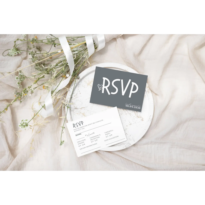 Custom Minimalist White RSVP Cards with Elegant Slate Grey Calligraphy - Premium Card Stock, 4x6 Inch Size