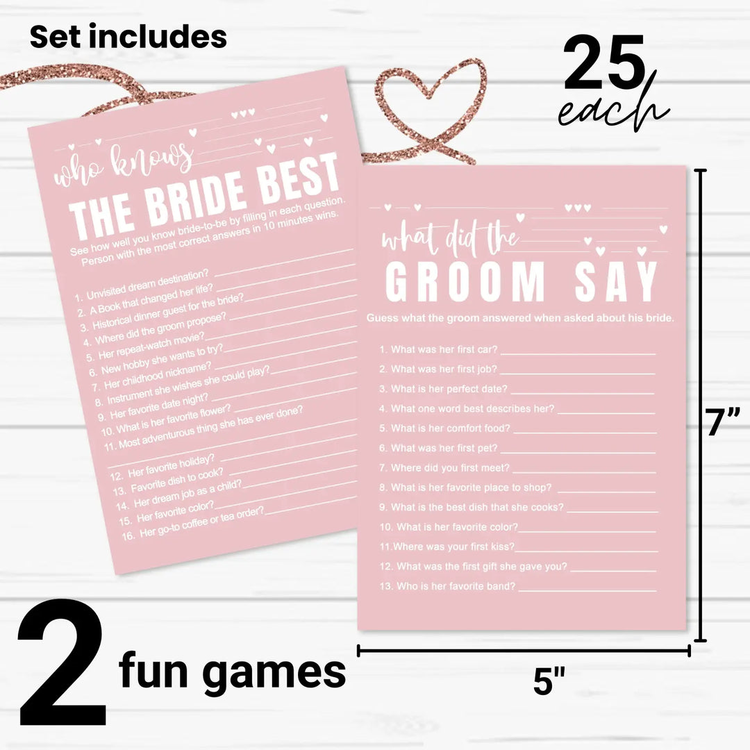 Pink Bridal Shower Games - 25 Cards - What Did the Groom Say & Who Knows the Bride Best Wedding Activity - Engagement, Rehearsal Dinner, Modern Pink and White Design