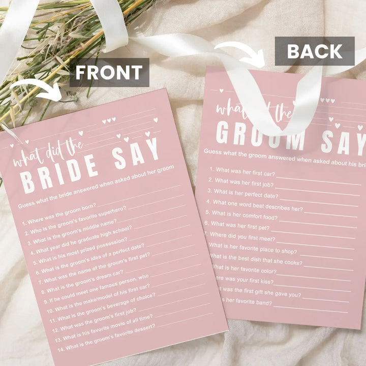 Pink Bridal Shower Games - 25 Cards - What Did the Groom Say & Who Knows the Bride Best Wedding Activity - Engagement, Rehearsal Dinner, Modern Pink and White Design