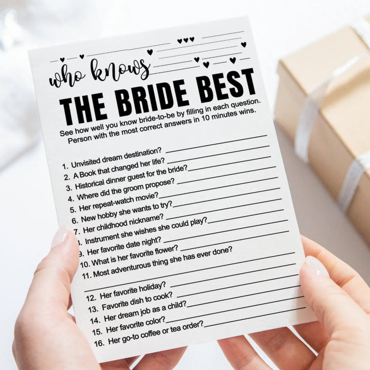 Paper Clever Party Bridal Shower Games - 25 Cards - What Did the Groom Say & Who Knows the Bride Best Wedding Activity - Engagement, Rehearsal Dinner, Modern Black and White Design