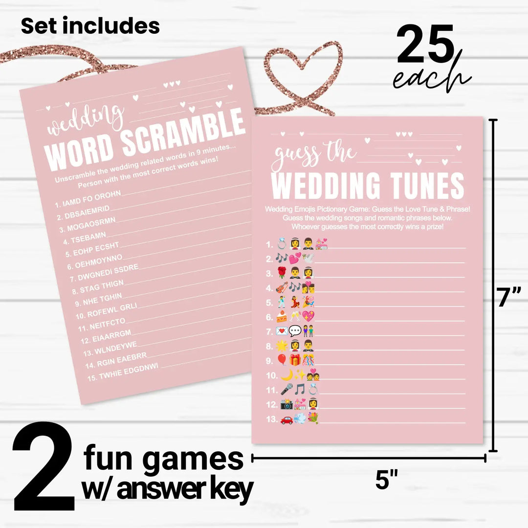 Pink Bridal Shower Games (25 Each) Wedding Song Pictionary and Word Scramble Fun Guess Activity for Guests Engagement Party, Rehearsal Dinner, Minimalist Design Double-Sided Cards, Bundle