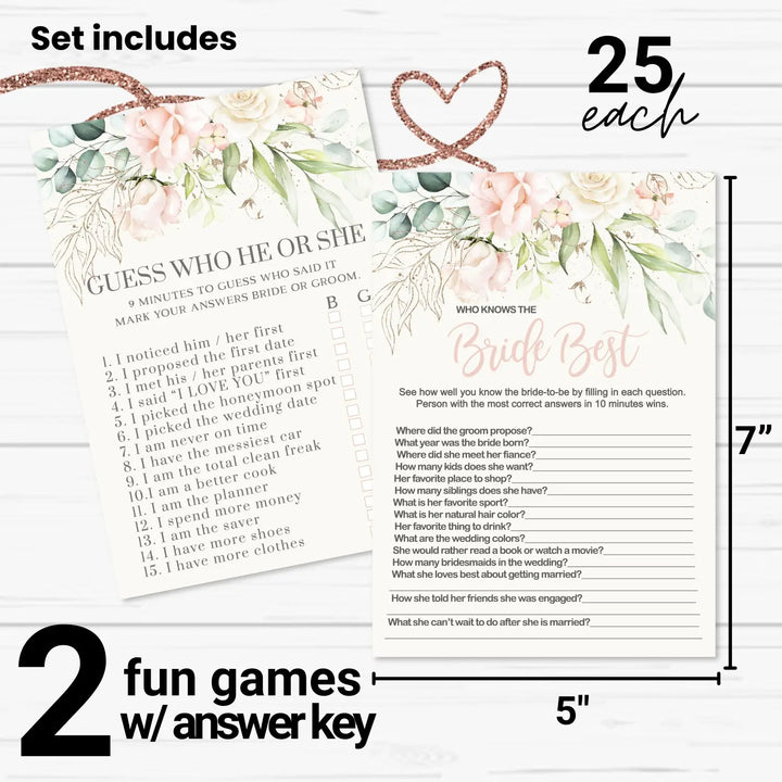 Blush Bloom Bridal Shower Games – He Said or She Said & Who Knows the Bride Best Bridal Shower Game - Wedding, Engagement Party, Rehearsal Dinner, Pink Gold Floral Design, 25 Double-Sided Card Bundle