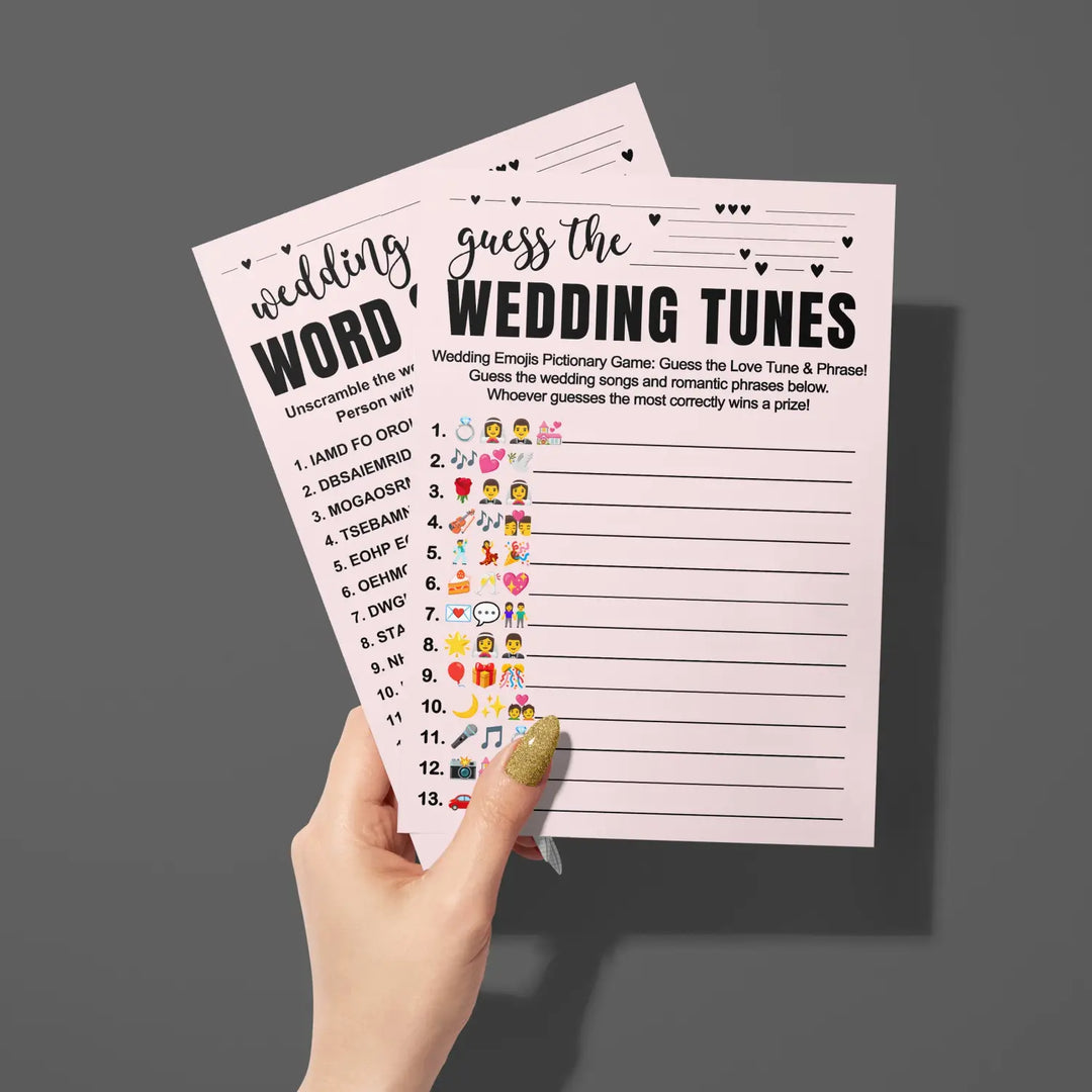 Paper Clever Party Bridal Shower Games (25 Each) Wedding Song Pictionary & Word Scramble Fun Guess Activity for Guests Engagement Party, Rehearsal Dinner, Minimalist Design Double-Sided Cards, Bundle