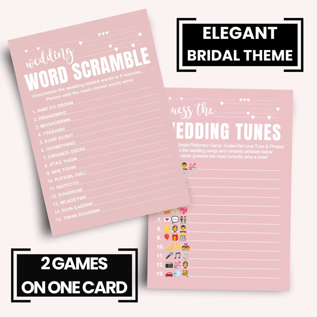 Pink Bridal Shower Games (25 Each) Wedding Song Pictionary and Word Scramble Fun Guess Activity for Guests Engagement Party, Rehearsal Dinner, Minimalist Design Double-Sided Cards, Bundle