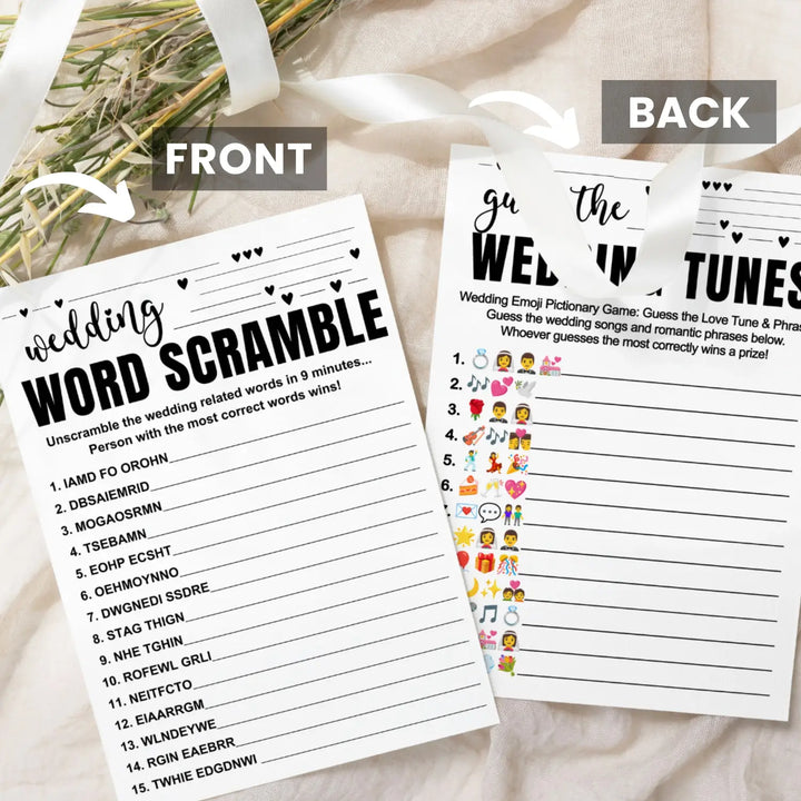 Black and White Bridal Shower Games (25 Each) Wedding Song Pictionary and Word Scramble Fun Guess Activity for Guests Engagement Party, Rehearsal Dinner, Minimalist Design Double-Sided Cards, Bundle