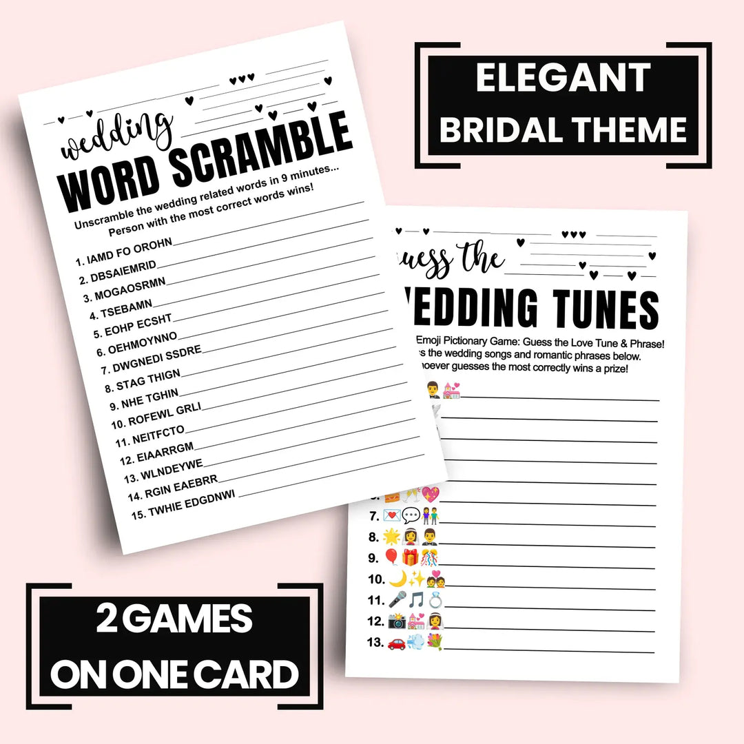 Black and White Bridal Shower Games (25 Each) Wedding Song Pictionary and Word Scramble Fun Guess Activity for Guests Engagement Party, Rehearsal Dinner, Minimalist Design Double-Sided Cards, Bundle