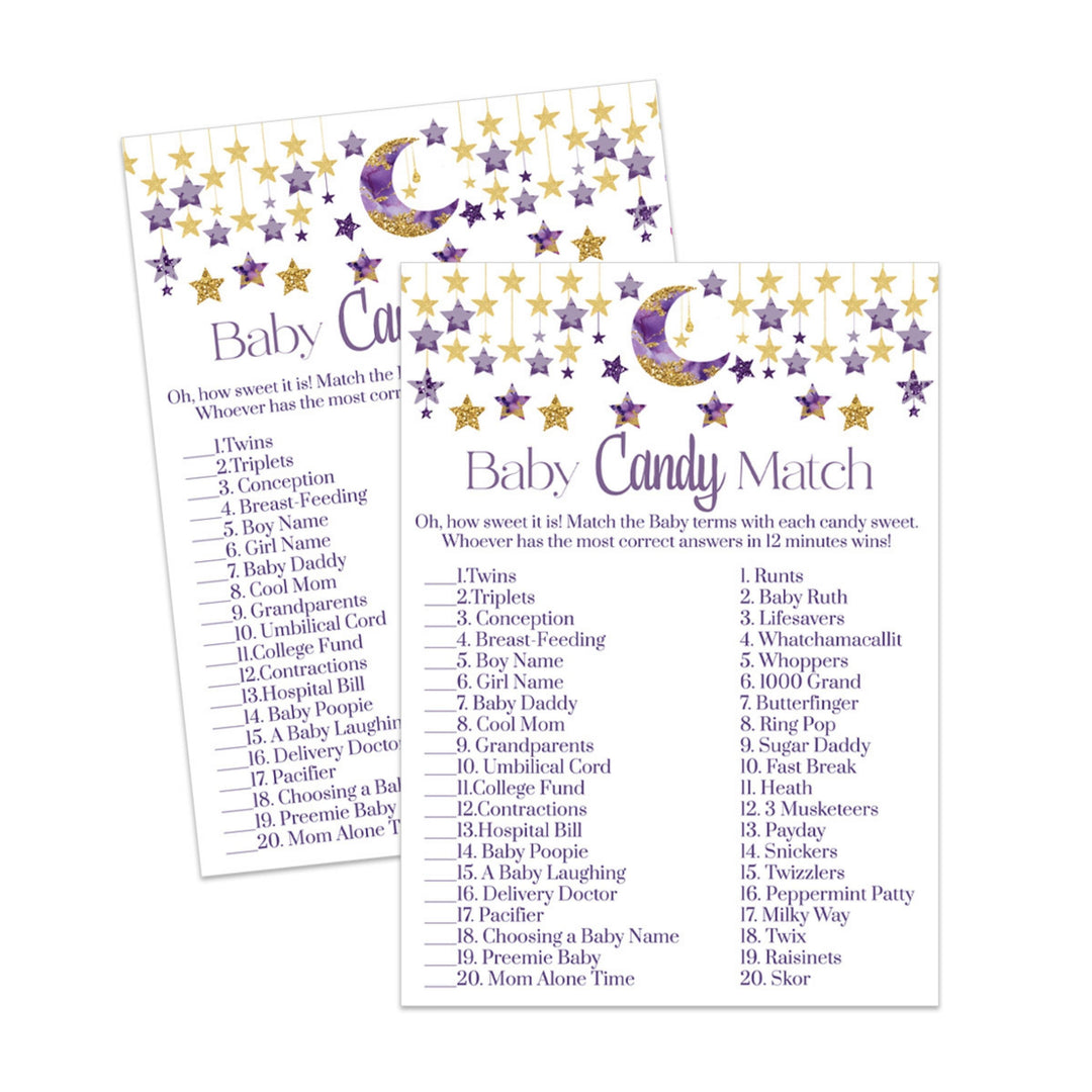 Twinkle Little Star Candy Bar Match Baby Shower Game Printable, Instant Download, Purple and Gold - Paper Clever Party