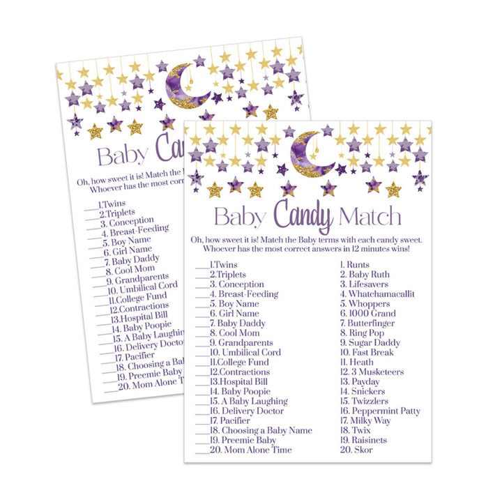 Twinkle Little Star Candy Bar Match Baby Shower Game Printable, Instant Download, Purple and Gold - Paper Clever Party