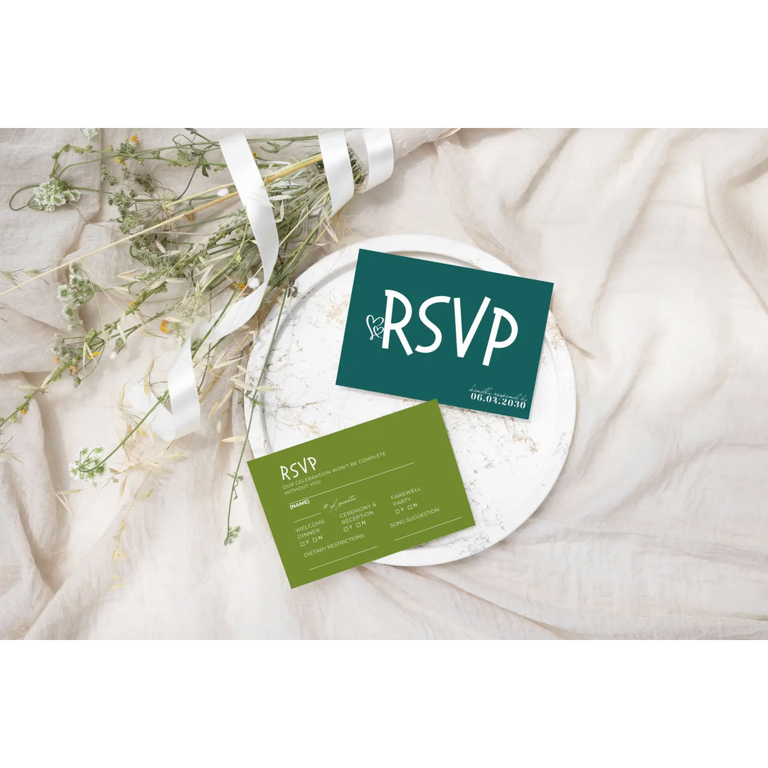 Custom Lime and Hunter Green RSVP Cards with Elegant Calligraphy - Premium Card Stock, 4x6 Inch Size