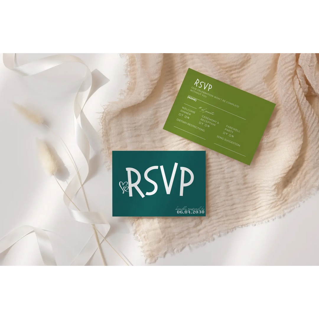 Custom Lime and Hunter Green RSVP Cards with Elegant Calligraphy - Premium Card Stock, 4x6 Inch Size