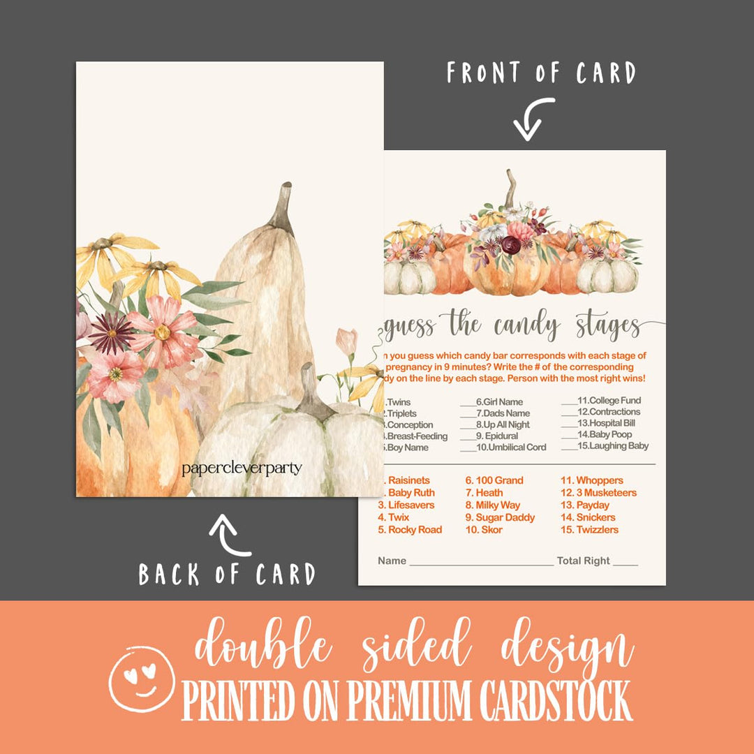 Paper Clever Party Pumpkin Baby Shower Game Match The Candies Activity Cards, Floral and Pumpkin, 4x6 Set, 25 Pack - Paper Clever Party