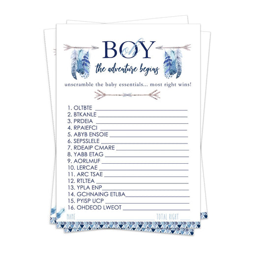 Adventure Begins Word Scramble Baby Shower Game Cards (25 Pack) Unscramble Activity Baby Boy Sprinkle Games – Rustic Feather Boho Blue - Printed 5x7 Size SetPaper Clever Party