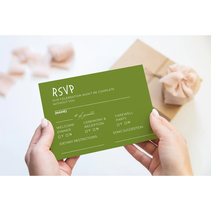 Custom Lime and Hunter Green RSVP Cards with Elegant Calligraphy - Premium Card Stock, 4x6 Inch Size