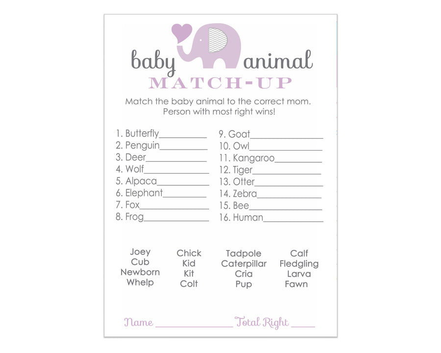 Purple Elephant Baby Animal Matching Game (25 Pack) - Paper Clever Party