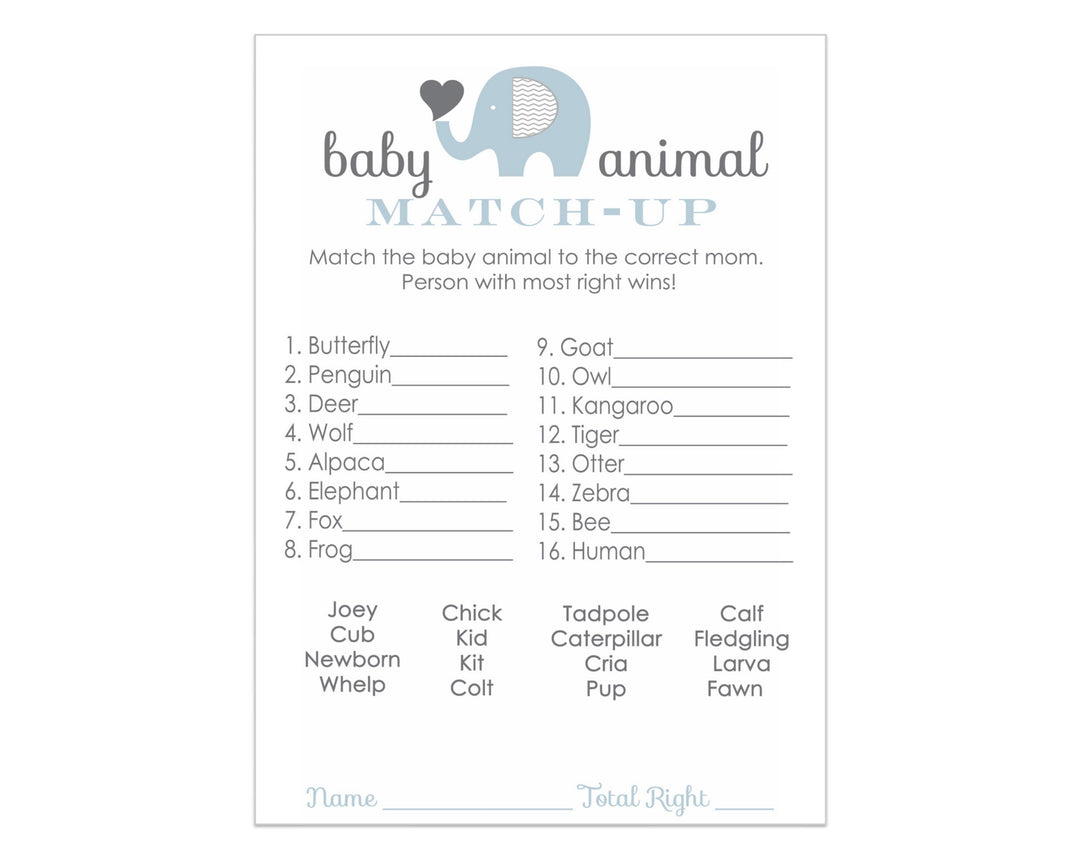 Elephant Baby Shower Game Cards Animal Matching (25 Pack) - Paper Clever Party