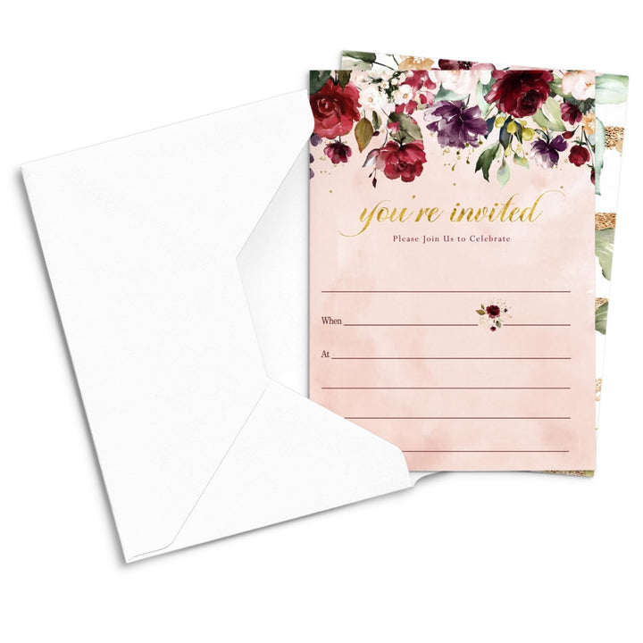 Burgundy Floral Invites - Rustic Elegance, 25ct, 5x7 - Paper Clever Party