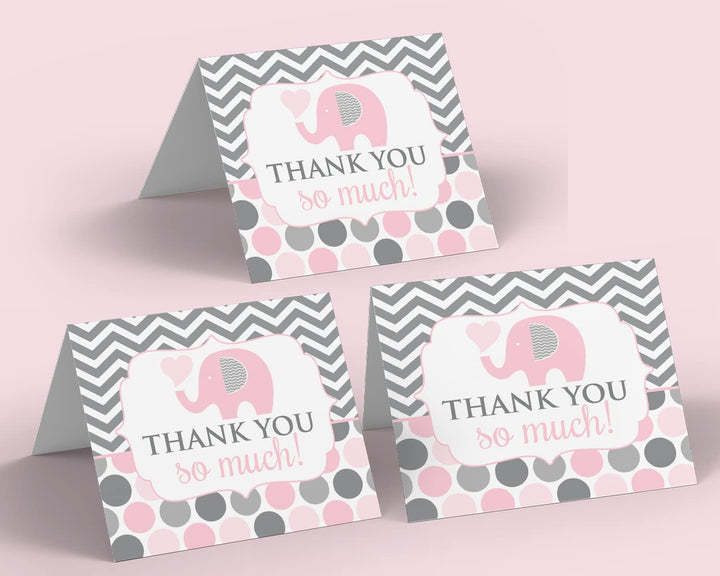 Adorable Pink Elephant Thank You Cards - 20-Pack for Girl Baby Showers, Jungle Princess Theme - Paper Clever Party