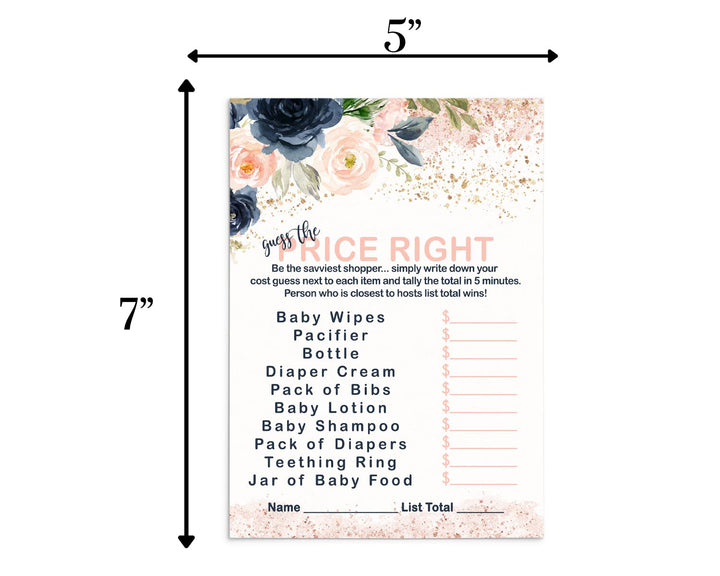 “Pastel Perfection” - Blushing Baby Shower Game Set, Rustic Floral Blue & Pink, 5x7 Cards (25 ct) - Paper Clever Party