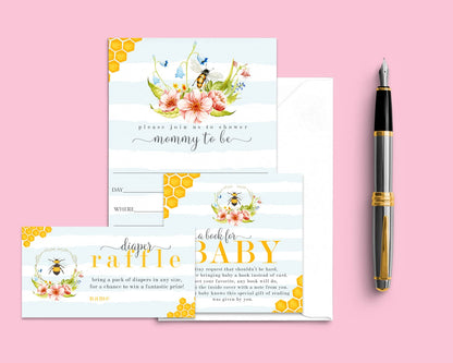 Bumblebee Baby Shower Invitation Bundle (25 Guests) Pack Includes Diaper Raffle Tickets, BringPaper Clever Party