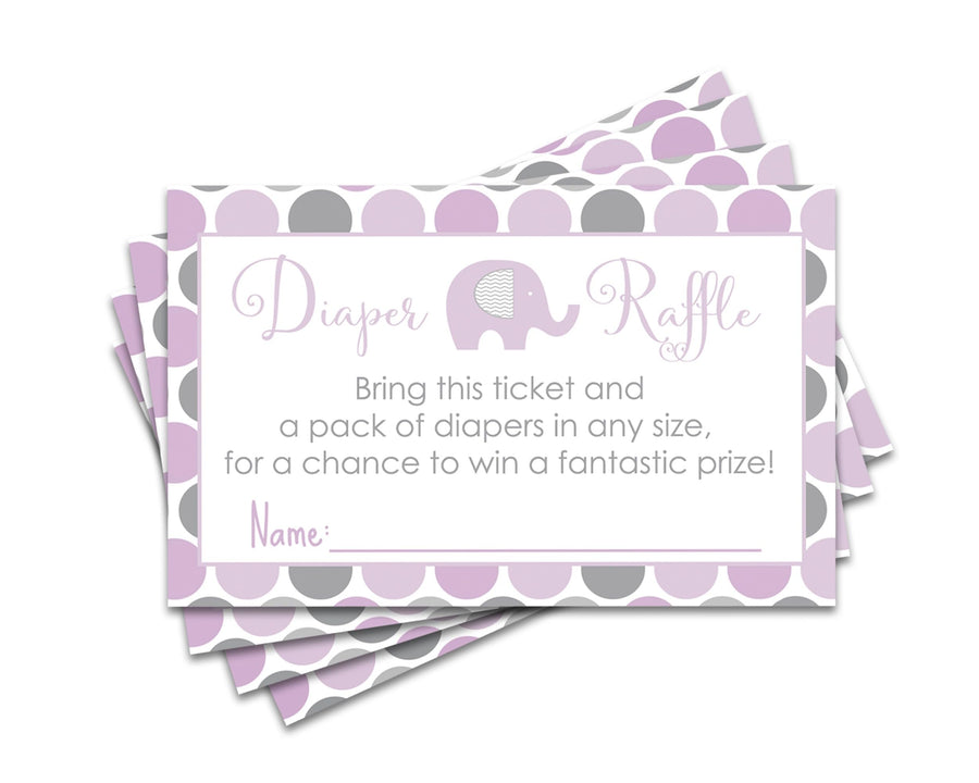 Purple Elephant Diaper Raffle Tickets for Baby Shower Games, Invitation Insert Cards, 2x3.5, 25 Pack - Paper Clever Party