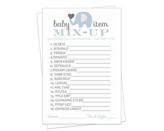 Blue Elephant Baby Shower Word Scramble Game Cards (25 Pack) Unscramble Guessing Activity CardsPaper Clever Party