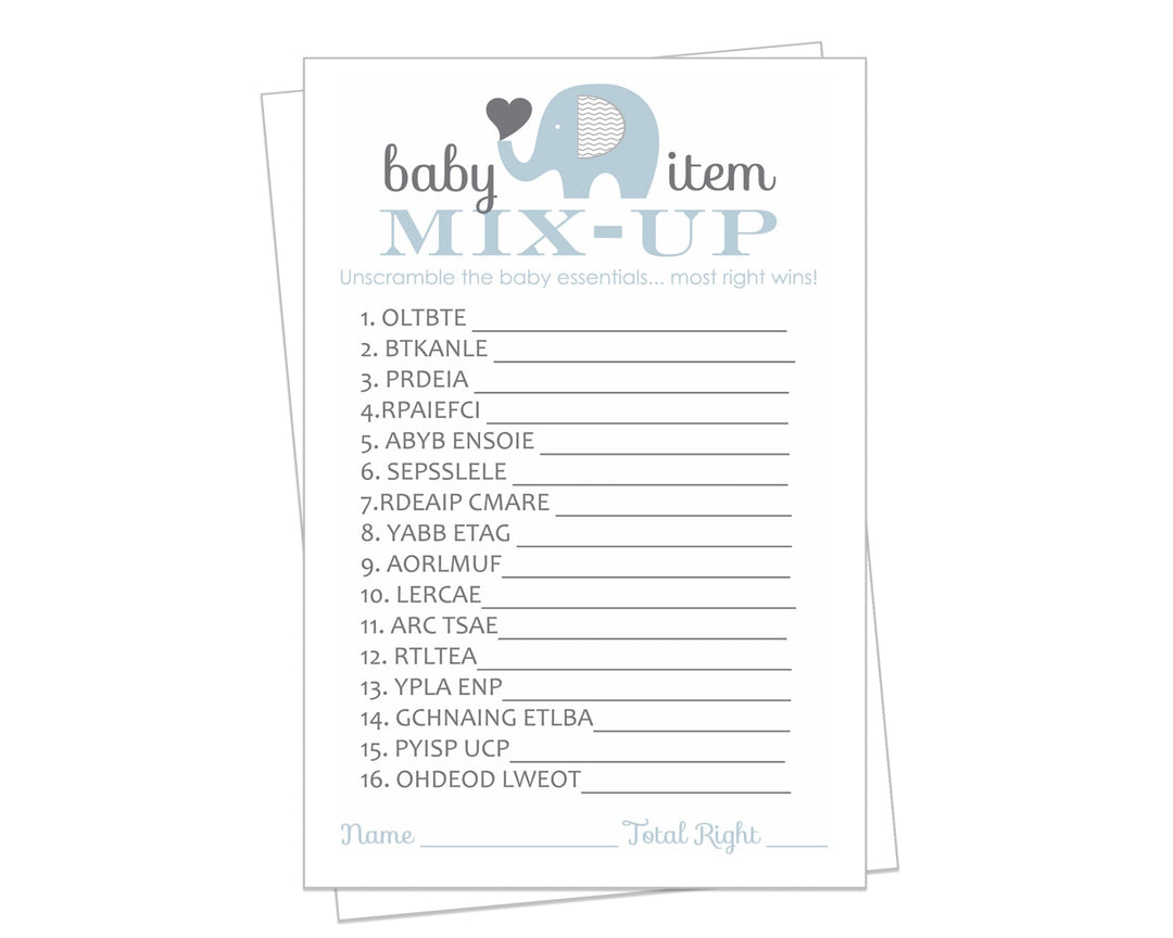 Blue Elephant Baby Shower Word Scramble Game - 25 Pack Unscramble Guessing Activity Cards for Boys Jungle Animal Event - Printed 4x6 Size Set - Paper Clever Party