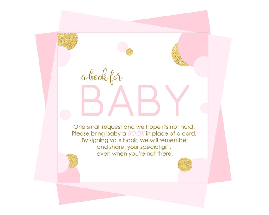 Pink and Gold Books for Baby Shower Request Cards - Paper Clever Party