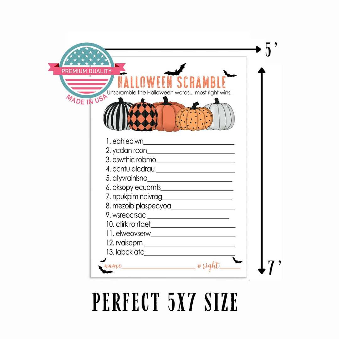 Bewitched Halloween Party Games Word Scramble for Pumpkin Baby Shower, Adults, Kids Birthday, Wedding Fall Festival, Orange and Black, 5x7 Cards, 25 Guests - Paper Clever Party