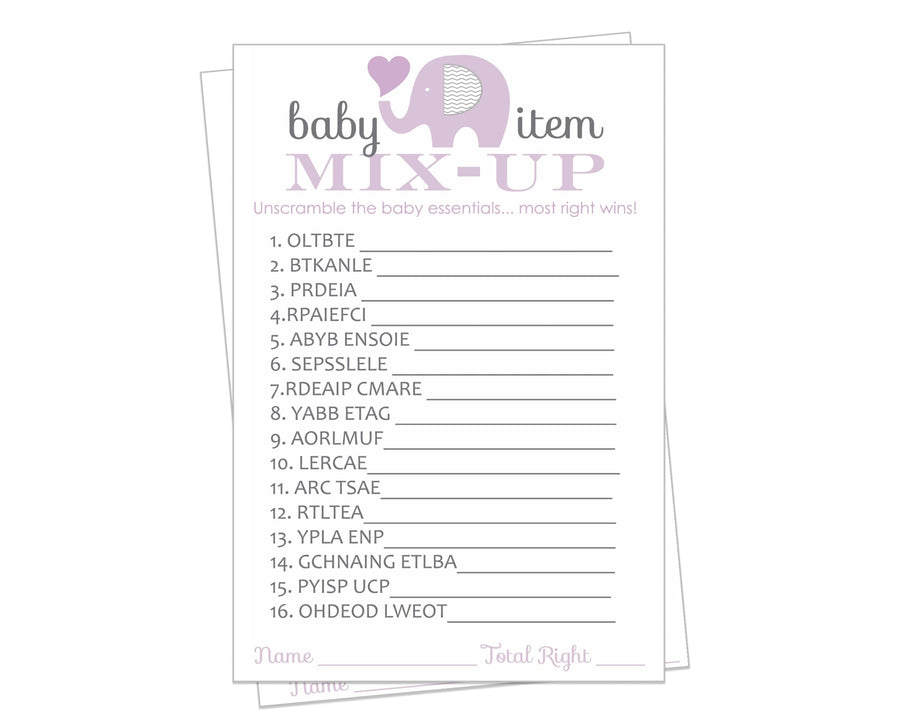 Purple Elephant Baby Shower Word Scramble Game - Paper Clever Party