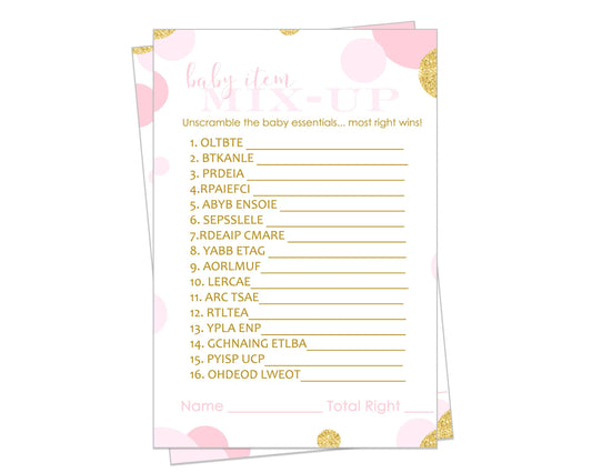 Gold Baby Shower Word Scramble Cards (25 Pack) Unscramble Activity Girls Baby Shower Games - Princess TwinklePaper Clever Party