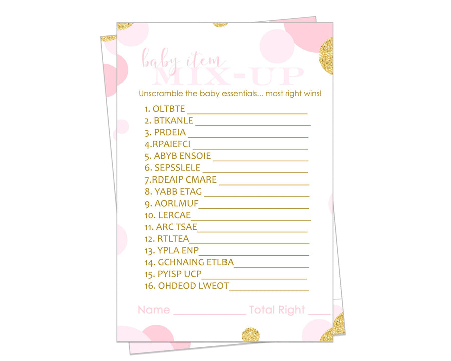 Pink and Gold Baby Shower Word Scramble Game - 25 Pack Unscramble Activity Cards for Girls Event - Princess Twinkle Little Star Abstract Dot - Printed 4x6 Size Set - Paper Clever Party