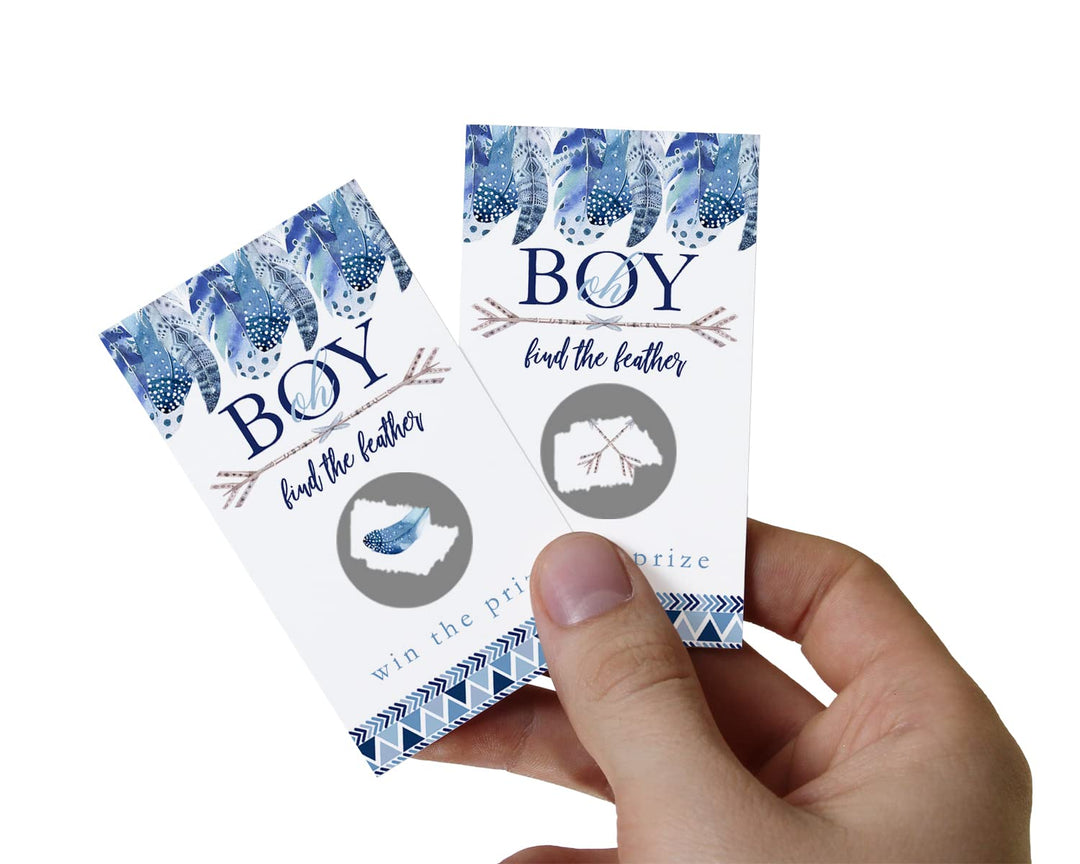 Boys Baby Shower Adventure Awaits Scratch Off Game Cards (30 Pack) - Blue Boho Feather Party Favors - Paper Clever Party