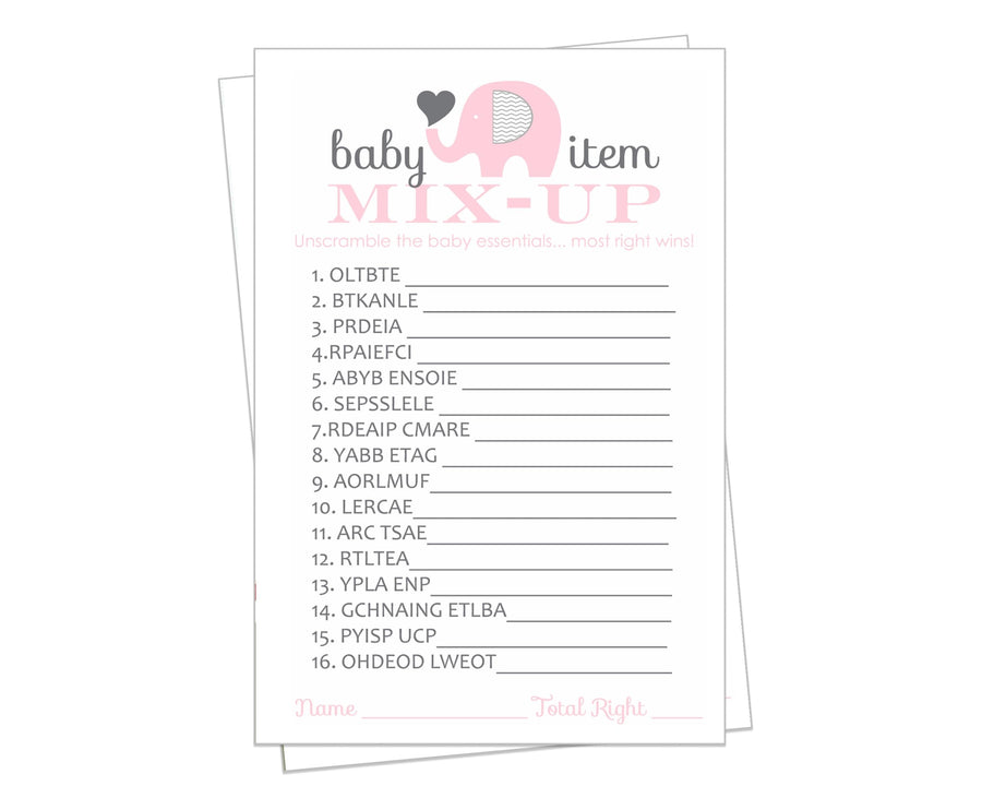 Pink Elephant Baby Shower Word Scramble Game Cards - 25 Pack Unscramble Activity Set for Girls Event - Princess Jungle Animal Theme - Printed 4 x 6 Size Set - Paper Clever Party