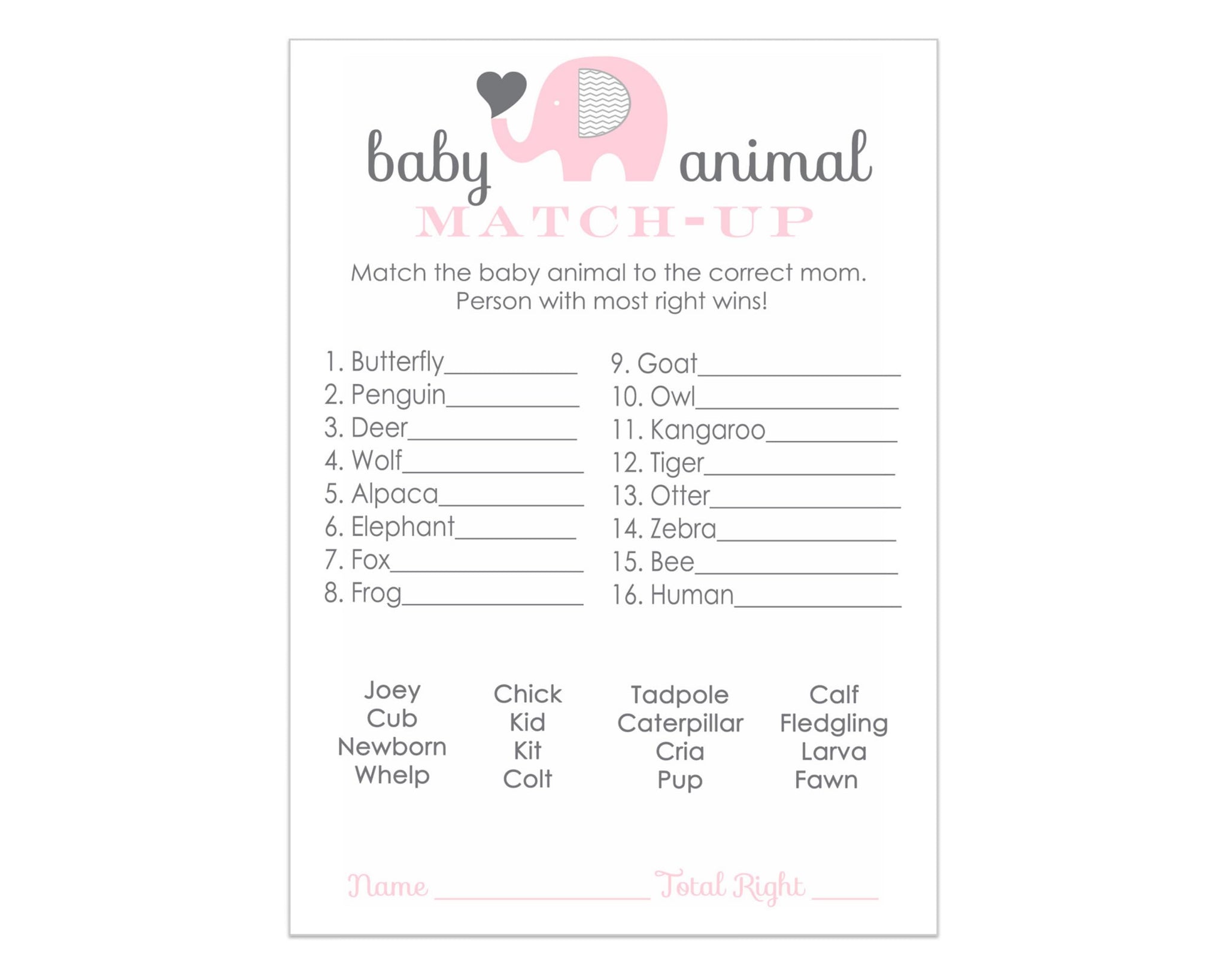 Pink Elephant Baby Animal Matching Game Cards (25 Pack) - Paper Clever Party