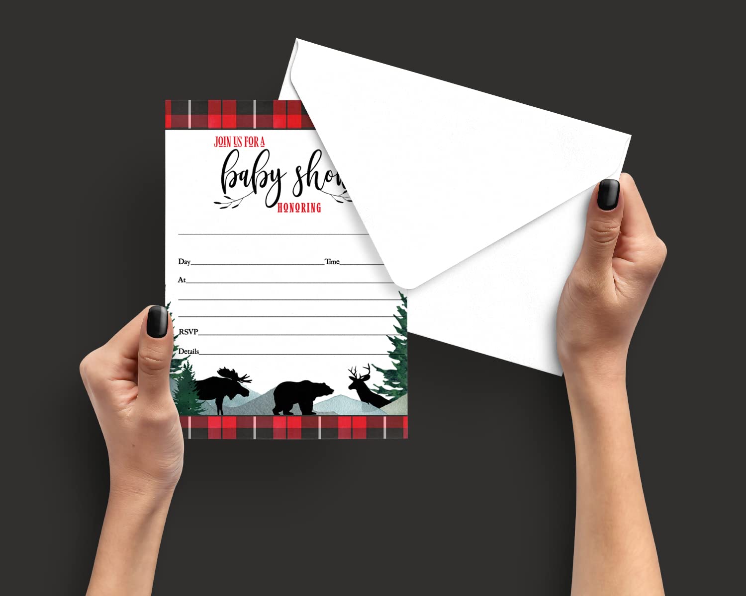 Lumberjack Boy’s Baby Shower Invites - 25ct, Red & Black, 5x7 - Paper Clever Party