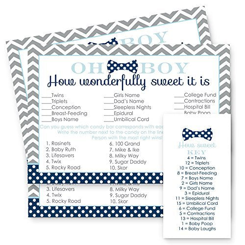 Little Man Baby Shower Candy Guessing Game - 25 Bow Tie Themed Cards - Navy & Grey - Paper Clever Party