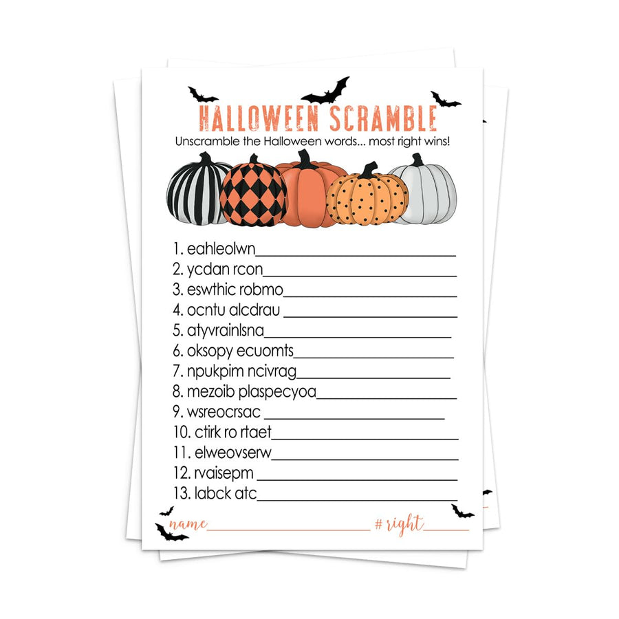 Bewitched Halloween Party Games Word Scramble for Pumpkin Baby Shower, Adults, Kids Birthday, Wedding Fall Festival, Orange and Black, 5x7 Cards, 25 Guests - Paper Clever Party