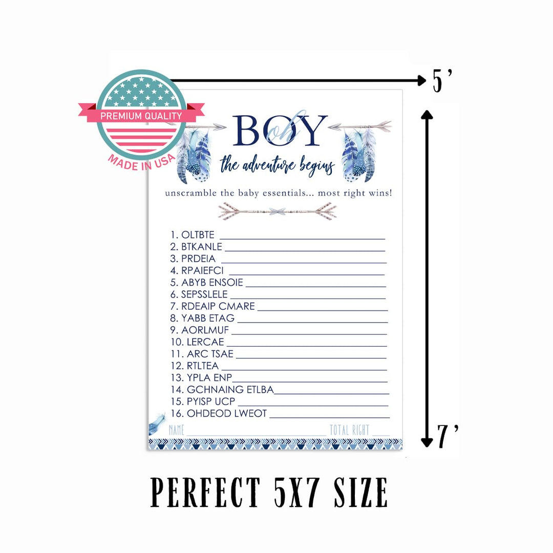 Adventure Begins Baby Shower Word Scramble Game - 25 Pack Unscramble Activity for Baby Boy Sprinkle - Rustic Feather Boho Blue - Printed 5x7 Size Set - Paper Clever Party