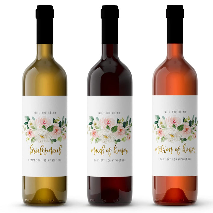 Graceful Floral Bridesmaid Wine Labels by Paper Clever - 12 Pack - Creative Wedding Party Invites - Paper Clever Party