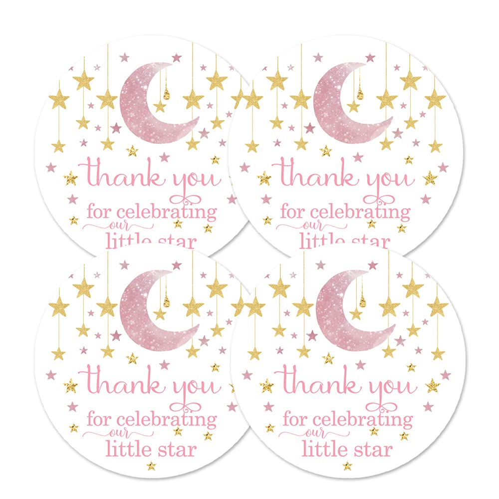 Twinkle Little Star Stickers Girls Baby Shower Party Favors Pink and Gold, Thanks for Celebrating Labels, 50 Pack, 2x2 Round - Paper Clever Party