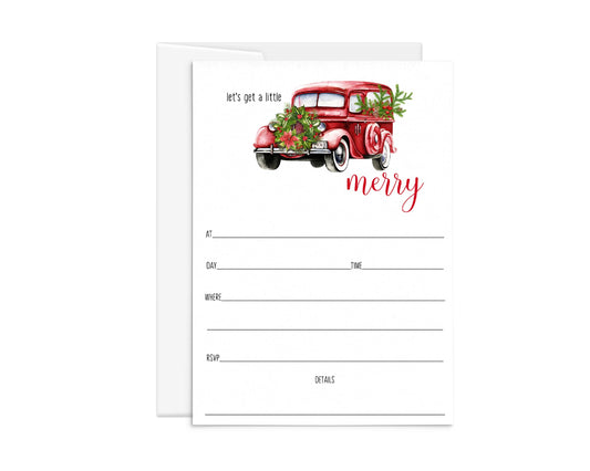 A Little Merry Christmas Invitations with Envelopes Rustic Truck Invites for Holiday Party, Open House, Jingle and Mingle, Receptions, Blank Invites to Personalize, 5x7 Card Set, 25 Guests - Paper Clever Party