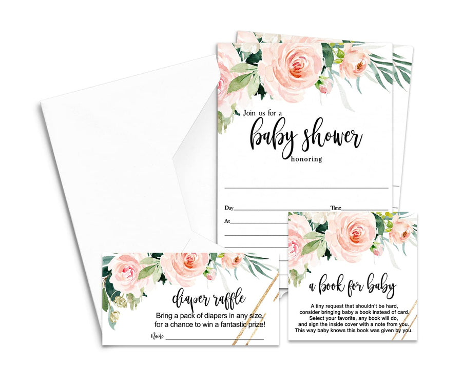 Vintage Pink Floral Baby Shower Invitation Set (25 Count) - Paper Clever Party