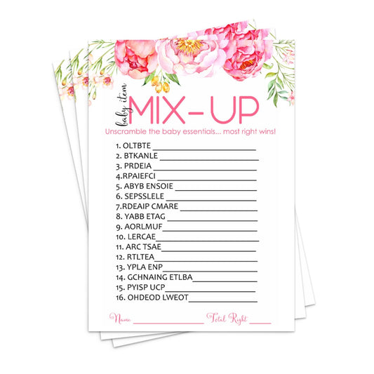 Cottage Floral Baby Shower Games Word Scramble Cards (25 Pack) Unscramble Activity Guests Play – Rustic Pink Woodland, 4x6 SetPaper Clever Party
