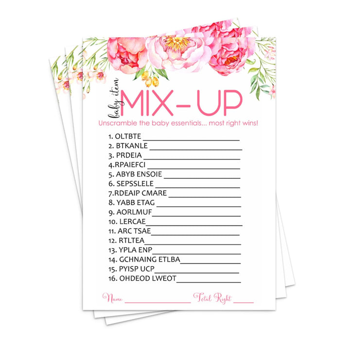 Cottage Floral Baby Shower Games Word Scramble - 25 Pack Girls Unscramble Activity Card Set for Rustic Pink Woodland Event - Printed 4x6 Size Set - Paper Clever Party