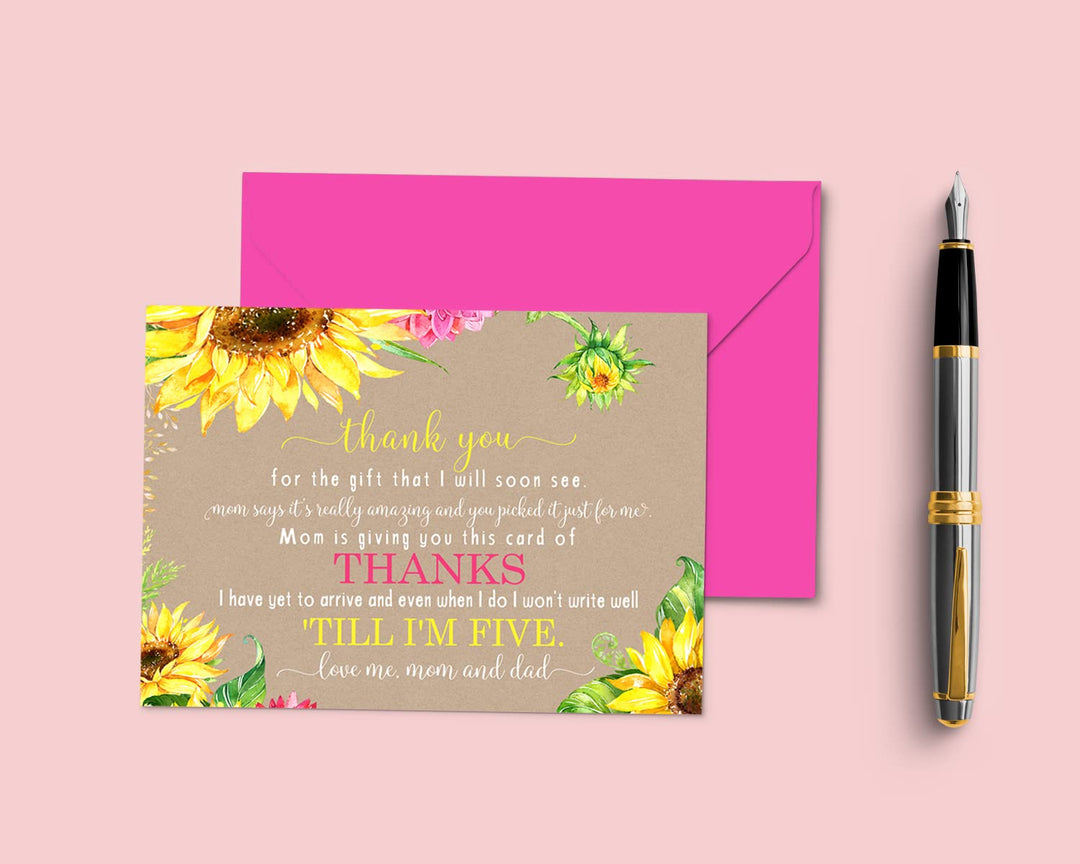 Sunflower Baby Shower Thank You Cards - Rustic Neutral (15 Pack) with Pink Envelopes, 4x6 - Paper Clever Party