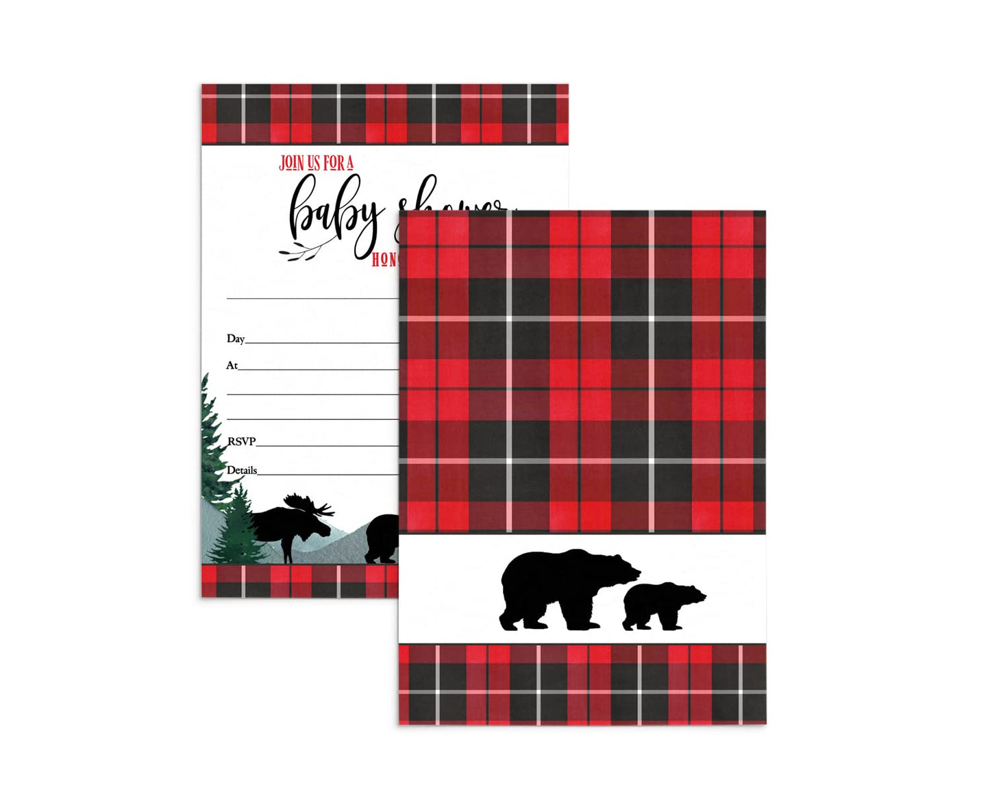 Lumberjack Boy’s Baby Shower Invites - 25ct, Red & Black, 5x7 - Paper Clever Party