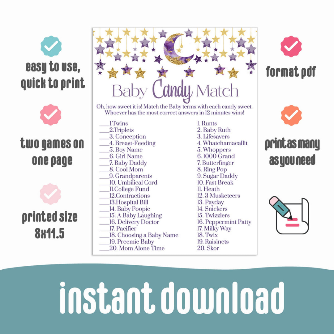 Twinkle Little Star Candy Bar Match Baby Shower Game Printable, Instant Download, Purple and Gold - Paper Clever Party