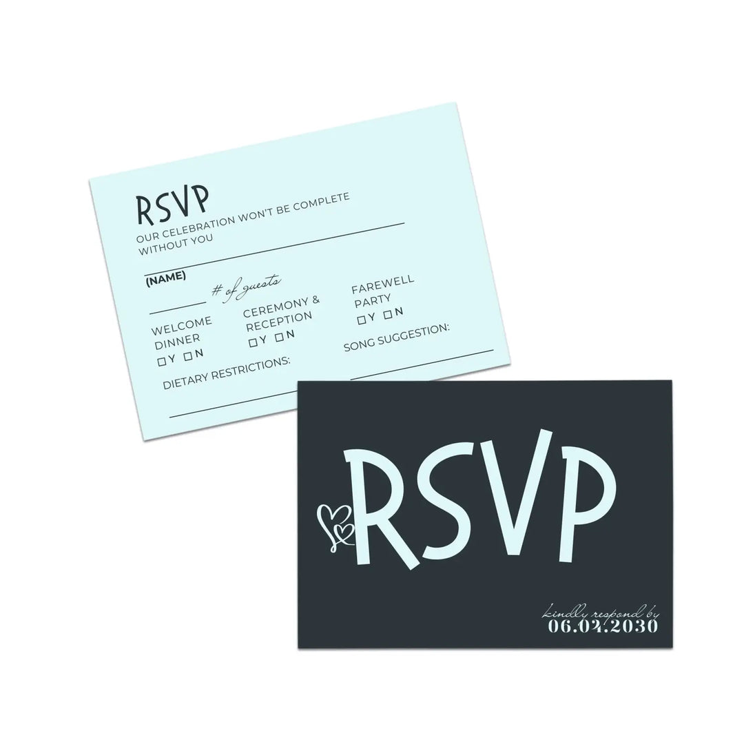 Custom Minty Aqua RSVP Cards with Elegant Black Calligraphy - Premium Card Stock, 4x6 Inch Size