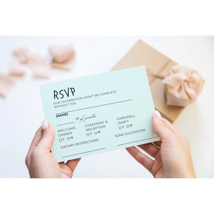 Custom Minty Aqua RSVP Cards with Elegant Black Calligraphy - Premium Card Stock, 4x6 Inch Size