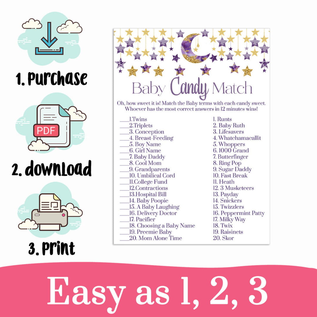 Twinkle Little Star Candy Bar Match Baby Shower Game Printable, Instant Download, Purple and Gold - Paper Clever Party